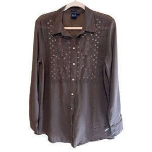 Gap Beaded Embroidered Boyfriend Shirt Size Medium Long Sleeve Oversized Sheer